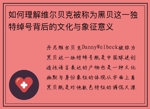 如何理解维尔贝克被称为黑贝这一独特绰号背后的文化与象征意义 如何理解维尔贝克被称为黑贝这一独特绰号背后的文化与象征意义